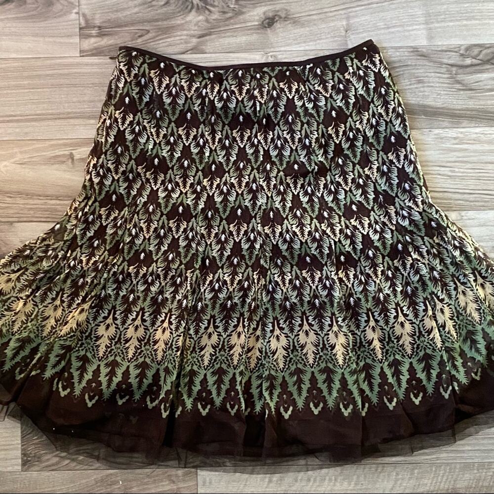 T‎ Tahari 10 Brown, Cream, Green Silk Chiffon Skirt Tulle Edge~Lined